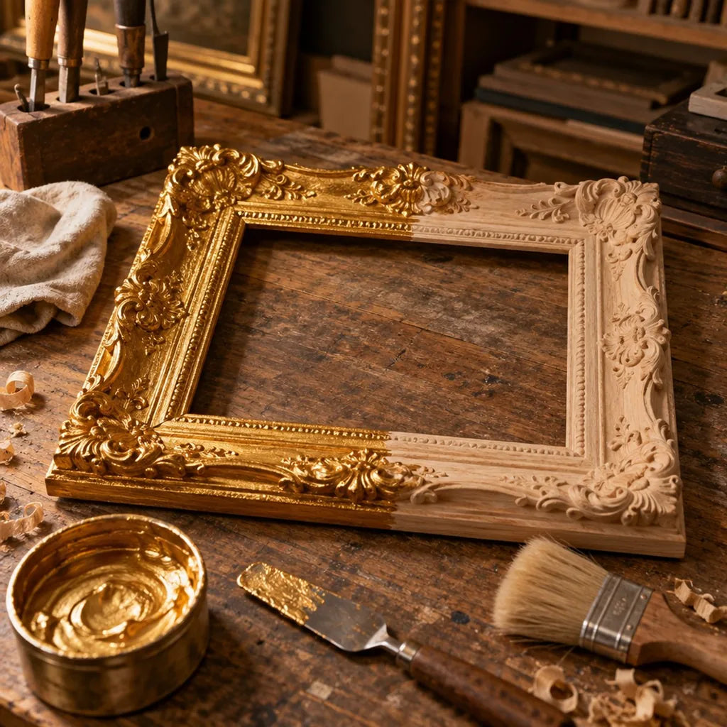 Rzeźbiona drewniana rama obrazu w połowie pozłocona płynną pastą ARTMIE MIDAS