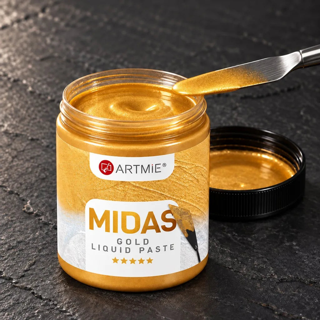 Otwarty słoik ARTMIE MIDAS — złota płynna pasta metaliczna z widocznym połyskiem wewnątrz