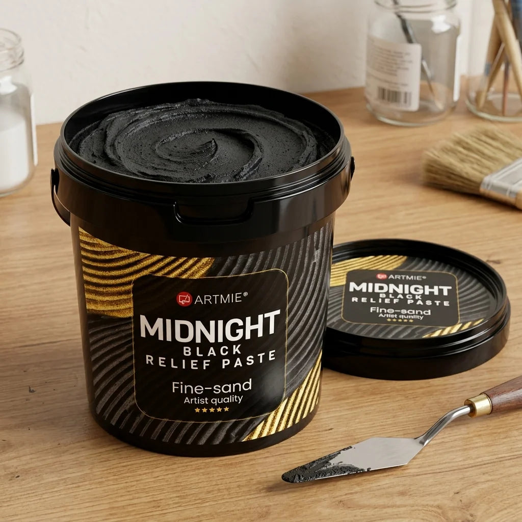Otwarte opakowanie ARTMIE Midnight — widoczna czarna piaskowa pasta wewnątrz