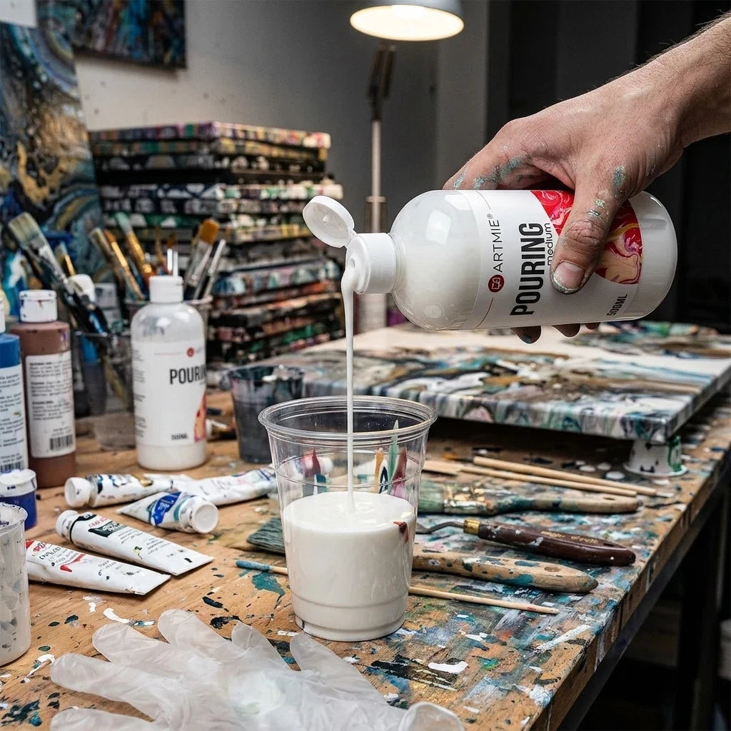 Wylewanie białego medium do pouringu ARTMIE z butelki 500 ml do kubka