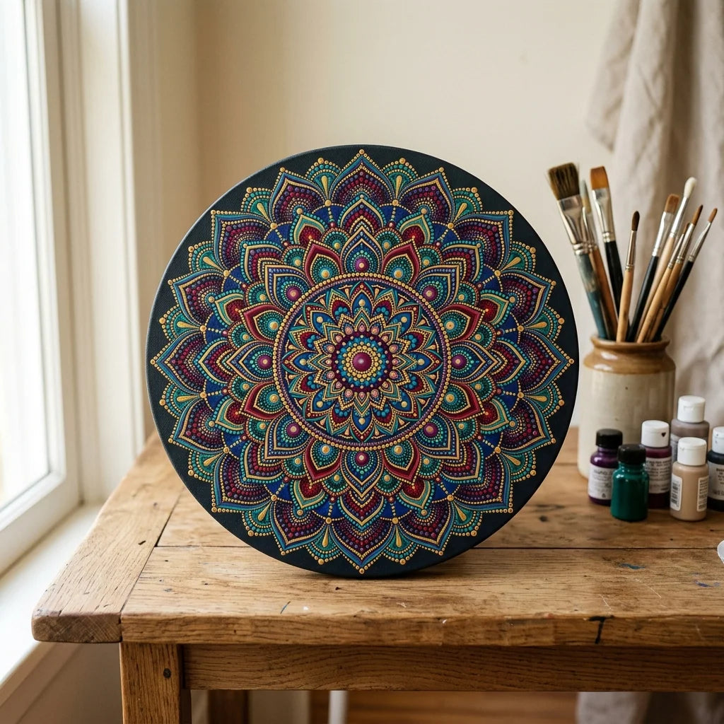 Mandala namalowana na okrągłym podobraziu ARTMIE